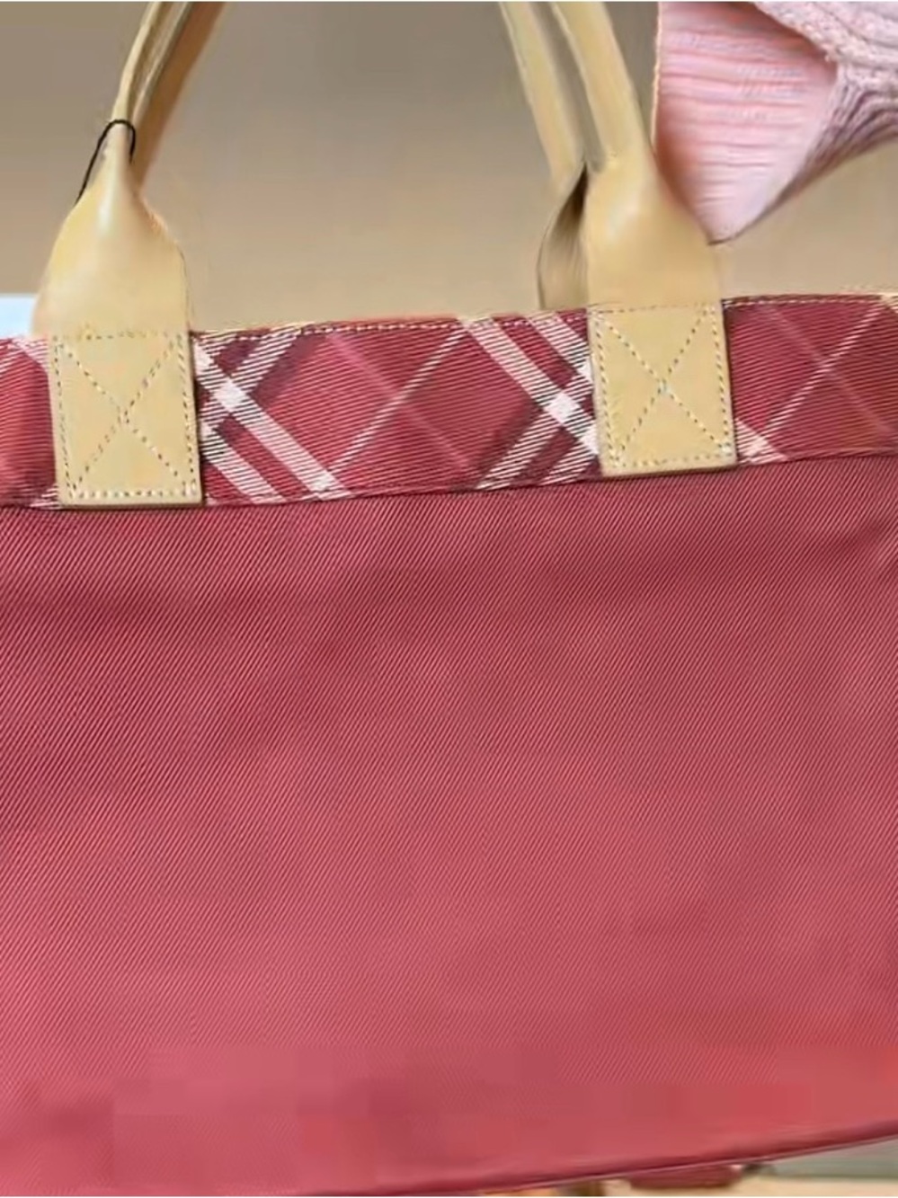 Burberry Burgundy Tote with Tan Leather Trim